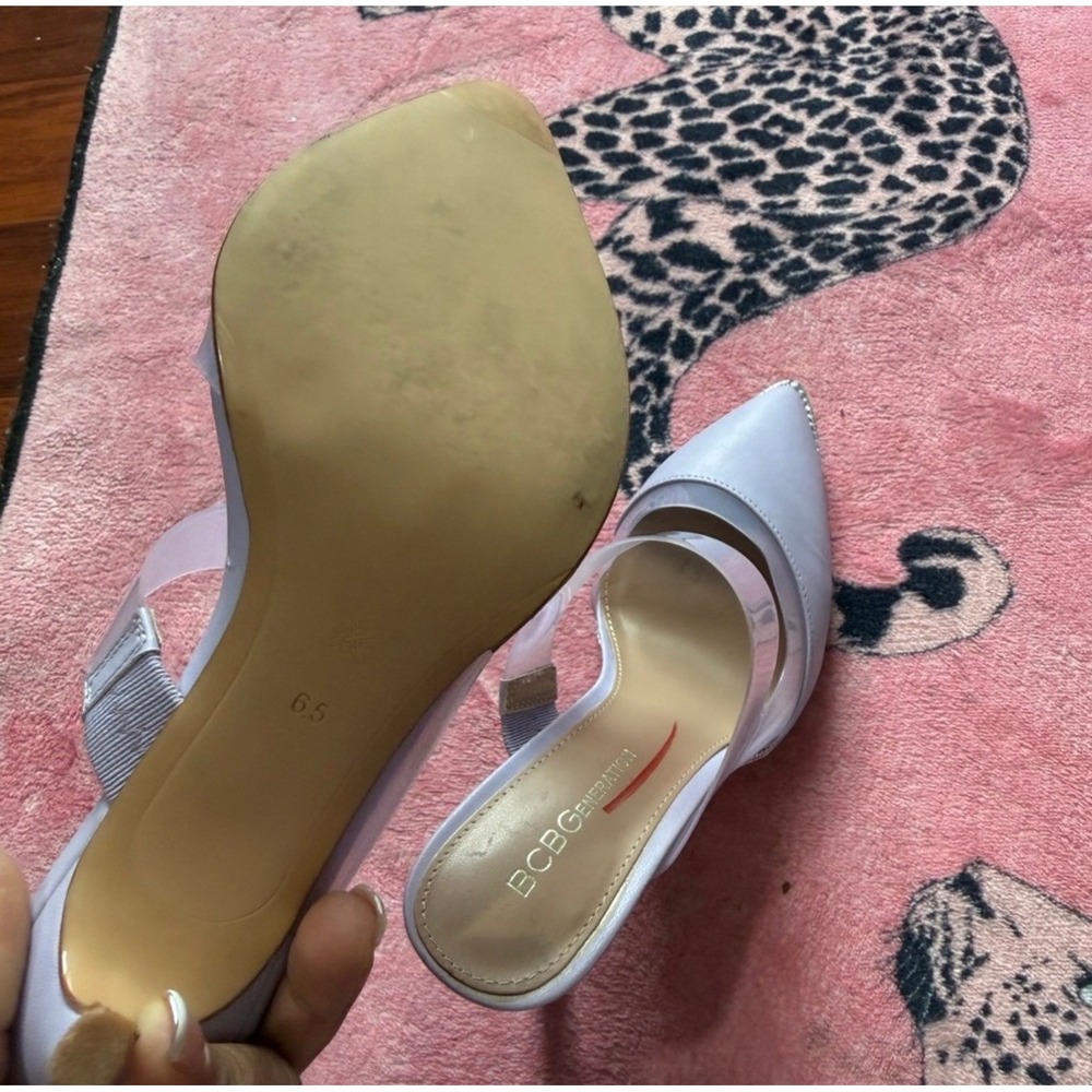 BCBGeneration  Lavender‎ Pointed Toe Mules Clear Strap Rhinestone Heels Size 6.5 - Picture 5 of 6
